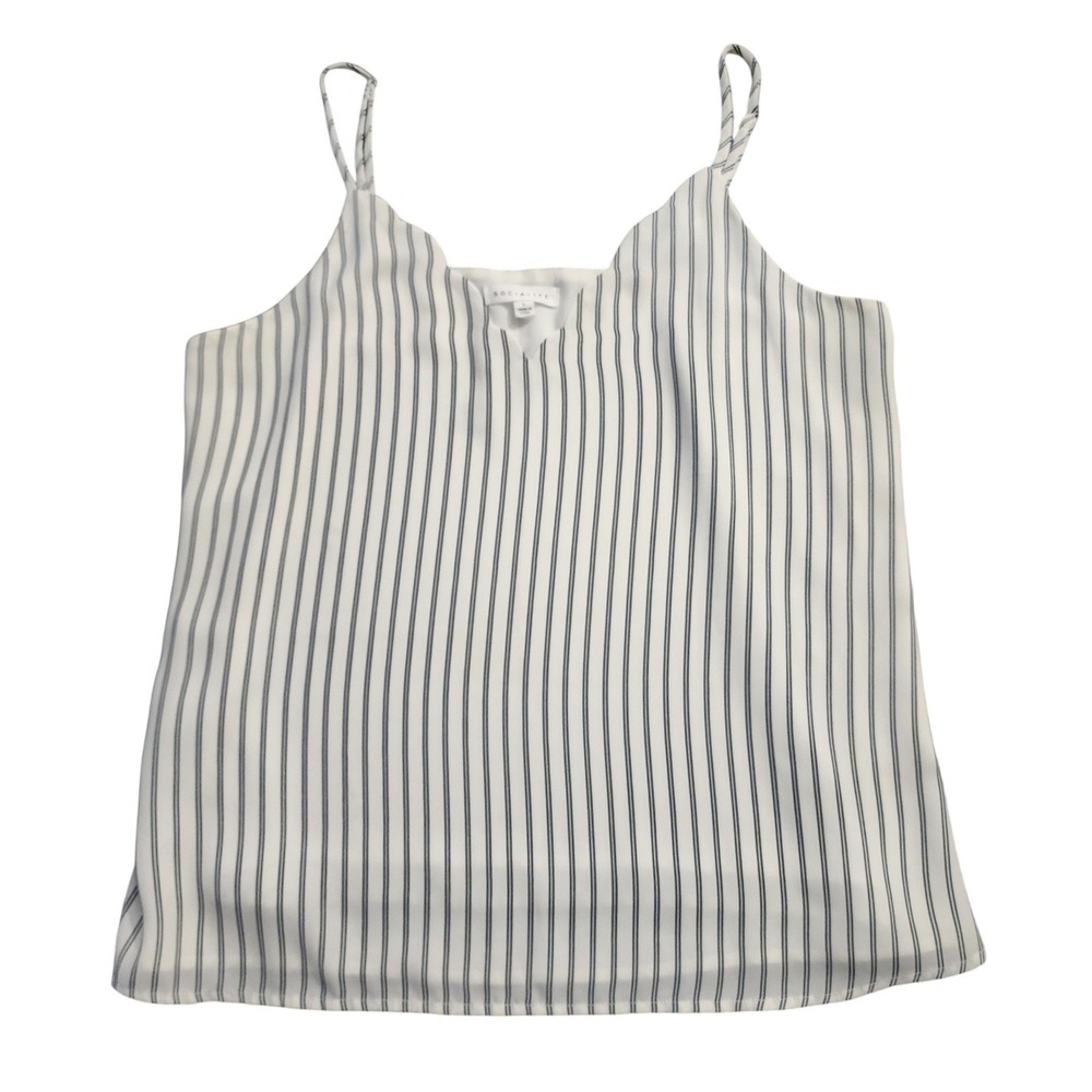 Socialite Womens Camisole White Black Pinstripe Notched V-Neck Spaghetti Strap L